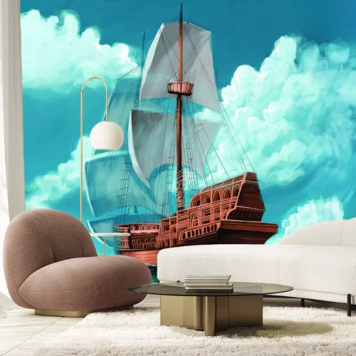 Papier peint  Navire en bois avec des voiles blanches sur la mer