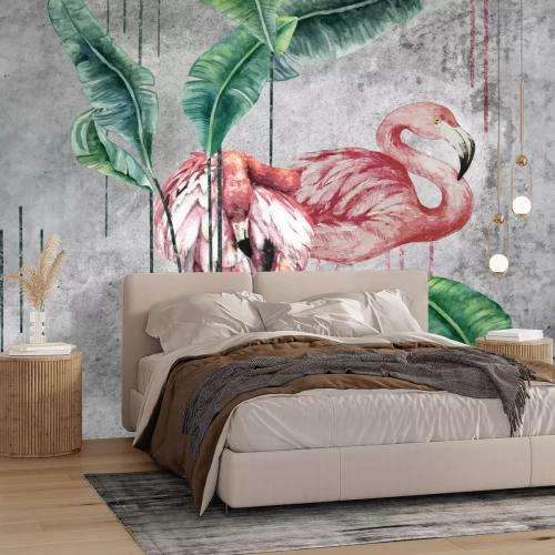 Papier peint  Flamants roses et feuilles tropicales en style aquarelle