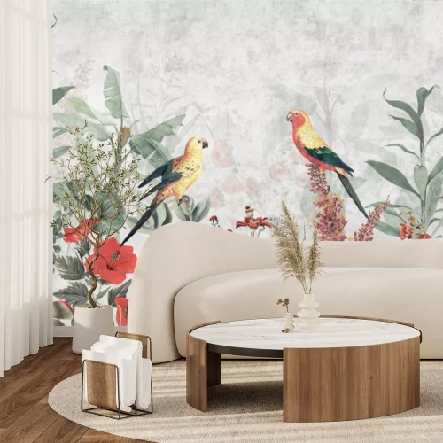 Papier peint  Fleurs tropicales rouges, feuilles et perroquets