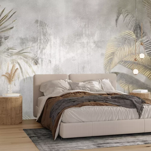 Papier peint  Grandes feuilles de palmier tropical sur fond en béton dans un style loft