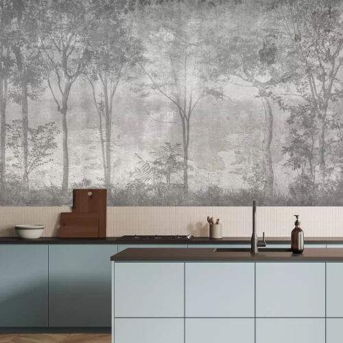 Papier peint  Paysage forestier en nuances de gris avec des arbres sur fond en béton