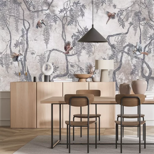 Papier peint  Oiseaux parmi les fleurs de glycine