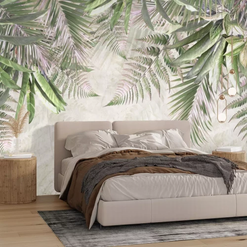 Papier peint  Feuilles tropicales de palmier et de fougère suspendues du haut sur fond en béton