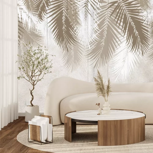 Papier peint  Feuilles de palmier monochromes sur fond en béton