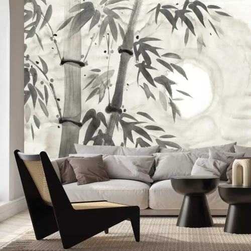 Papier peint  Branches de bambou sur fond aquarelle, motif botanique