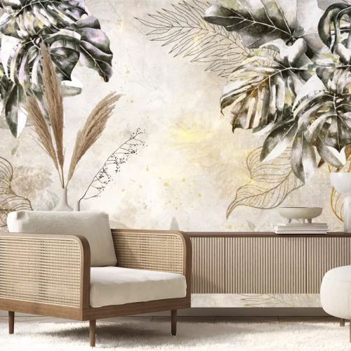 Papier peint  Feuilles abstraites de monstera sur fond en béton