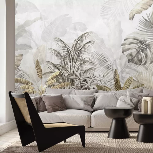 Papier peint  Plantes Tropicales Palmier Monstera Feuilles sur un Fond Gris