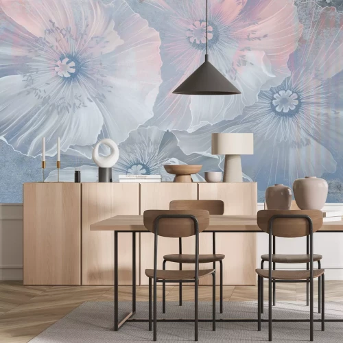 Papier peint  Fleurs de Coquelicot sur un Fond en Béton, Motif Style Industriel