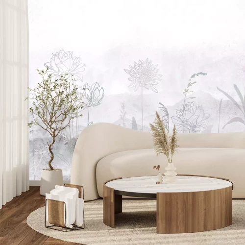 Papier peint  Fleurs Sauvages et Plantes sur un Fond de Paysage Montagneux