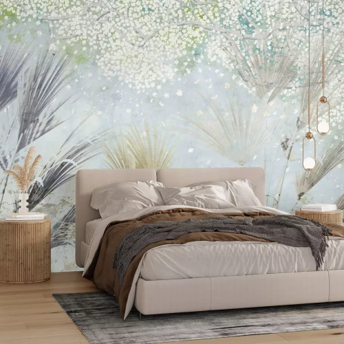 Papier peint  Arbre en Fleurs et Feuilles de Palmier sur un Fond en Béton