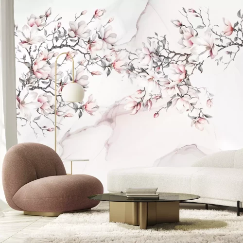 Papier peint  Magnolia Fleurs Blanches et Roses sur Fond en Marbre