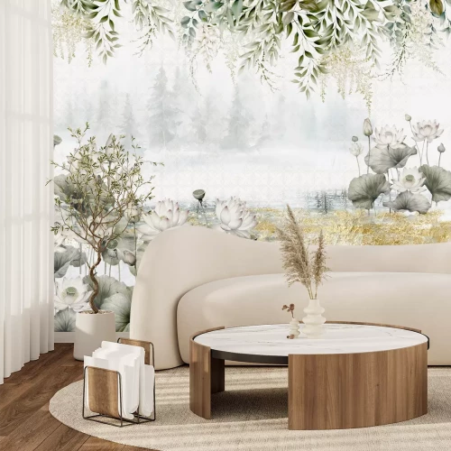 Papier peint  Fresque de Nénuphars et Feuilles Vertes dans un Style Moderne