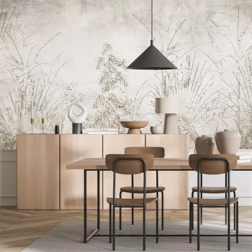 Papier peint  Plantes Tropicales sur Fond Béton Beige-Gris