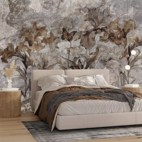 Papier peint  Fleurs et Papillons sur Fond en Béton Motif de Style Vintage