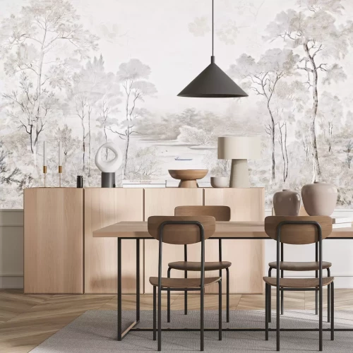 Papier peint  Paysage avec Arbres et Rivière en Tons de Beige