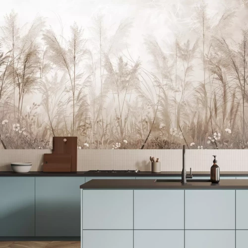 Papier peint  Prairie Brumeuse Fleurs Sauvages en Nuances de Beige