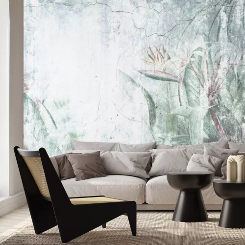 Papier peint  Strelitzia Plantes Tropicales sur Fond en Béton Style Loft