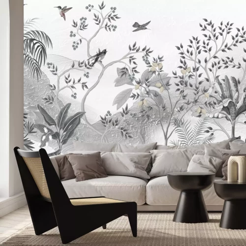 Papier peint  Paysage avec Arbre et Oiseaux sur Fond de Montagnes Fresque