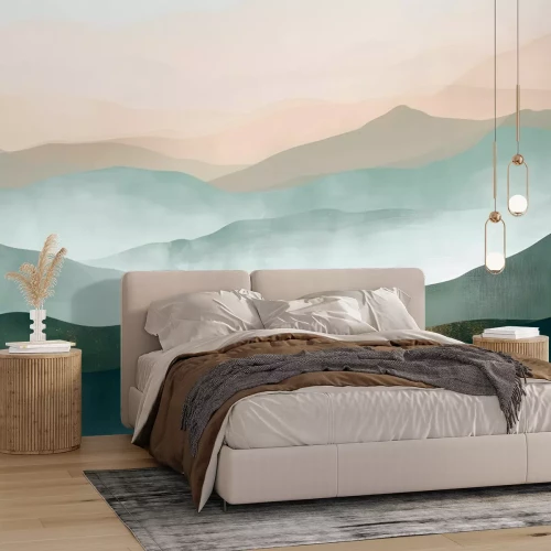 Papier peint  Paysage Minimaliste avec des Montagnes dans des Couleurs Vertes et Beiges