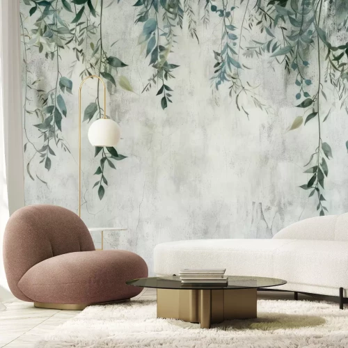 Papier peint  Feuilles Suspendues en Haut sur un Fond en Béton Gris