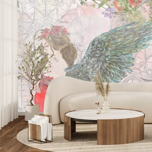 Papier peint  Femme Ange au Style Gothique avec Fleurs et Ornements