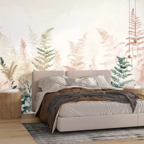 Papier peint  Feuilles de fougère roses et vertes