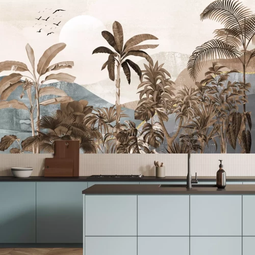 Papier peint  Jungle tropicale sur fond de montagnes