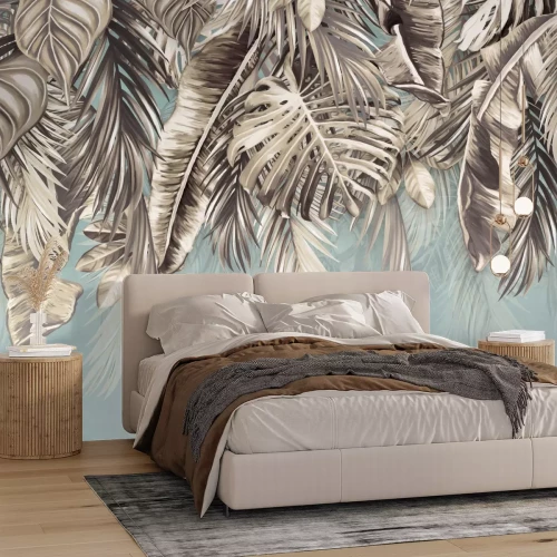 Papier peint  Feuilles de palmier et de monstera sur fond bleu
