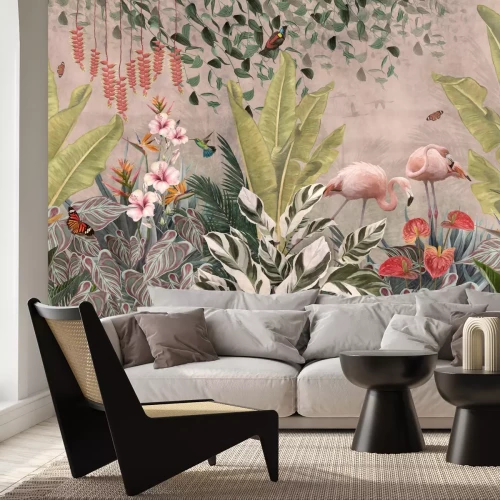 Papier peint  Paradis tropical avec des flamants parmi les fleurs