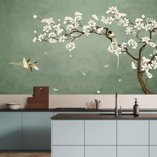 Papier peint  Fleur de cerisier avec des oiseaux sur fond vert