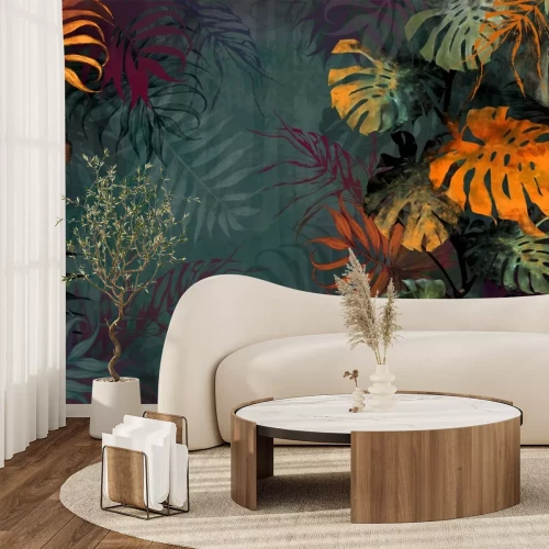 Papier peint  Feuilles de monstera colorées sur fond vert