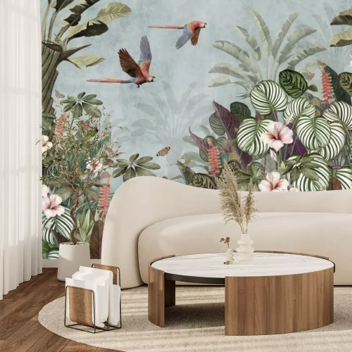 Papier peint  Jungle tropicale avec des fleurs et des oiseaux