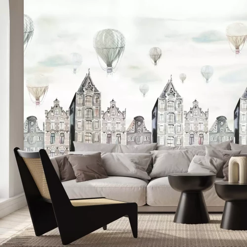 Papier peint  Ville aquarelle paysage avec des ballons dans le ciel