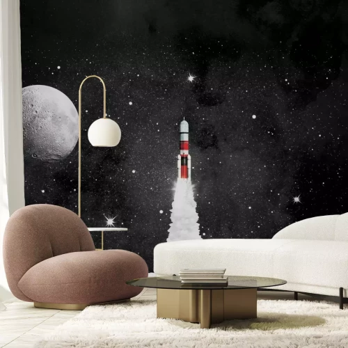 Papier peint  Fusée sur fond de ciel étoilé et lune illustration