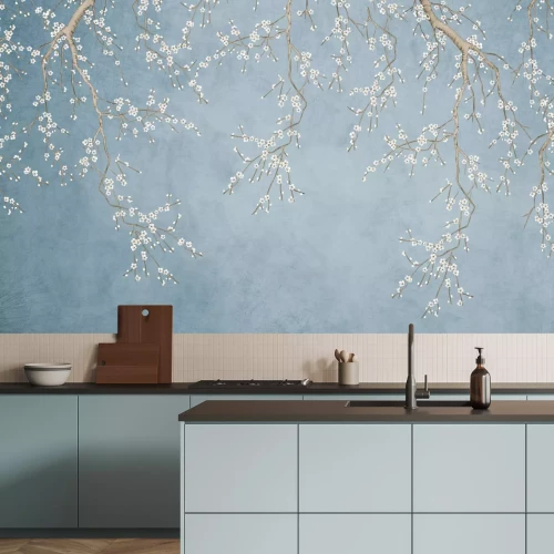 Papier peint  Délicates fleurs de cerisier sur fond bleu