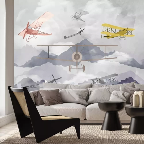 Papier peint  Avions sur fond de montagnes paysage illustration aquarelle
