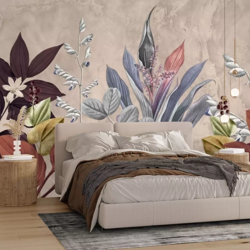 Papier peint  Feuilles tropicales colorées sur le mur