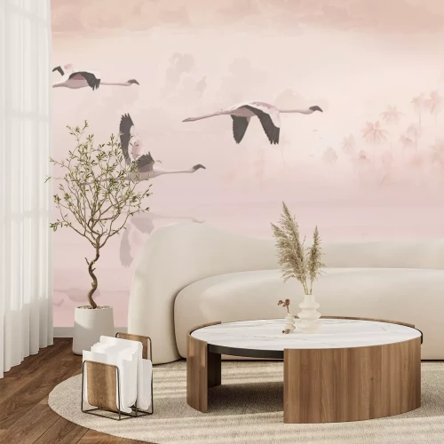 Papier peint  Oiseaux volant sur fond de palmiers et de nuages