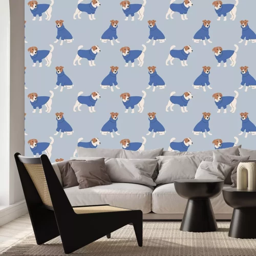 Papier peint  Chiots mignons sur fond bleu motif pour enfants