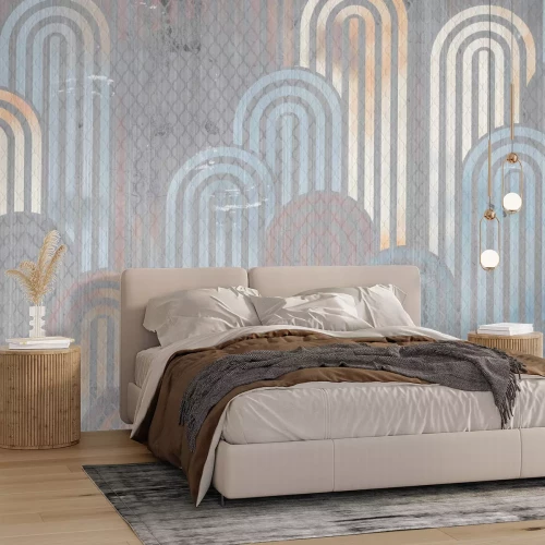 Papier peint  Arches bleues et dorées sur fond gris