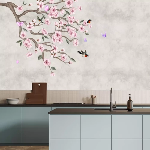 Papier peint  Fleurs de cerisier roses avec des oiseaux sur béton
