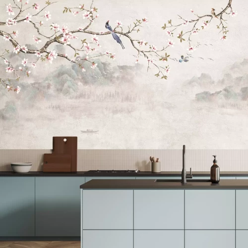 Papier peint  Oiseau sur une branche de cerisier avec montagnes et lac en arrière-plan