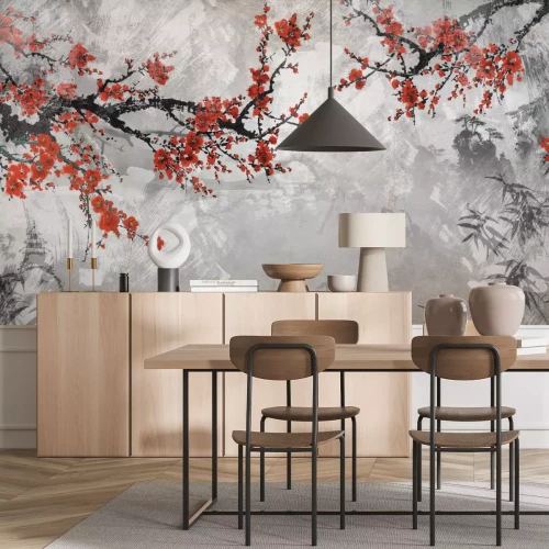 Papier peint  Motif japonais avec des fleurs de cerisier sur béton