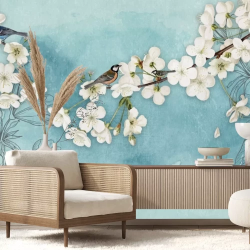 Papier peint  Arbre de cerisier sur fond de fleurs dessinées