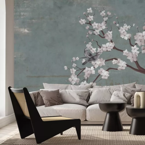 Papier peint  Fleurs de cerisier blanches peintes avec des oiseaux sur un mur