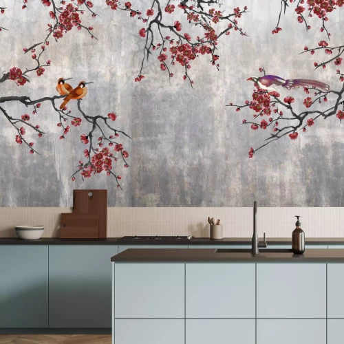 Papier peint  Fleurs rouges avec des oiseaux sur du béton