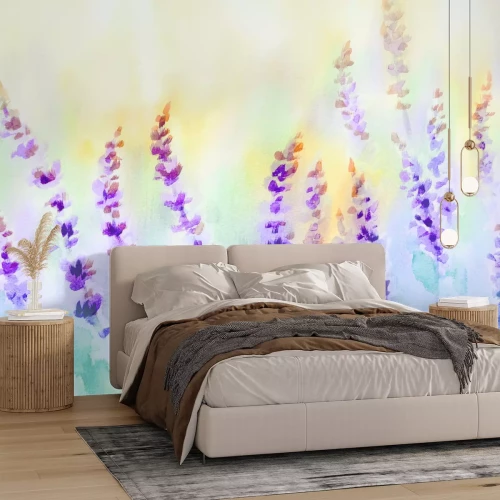 Papier peint  Prairie peinte en pastel avec des fleurs de lavande