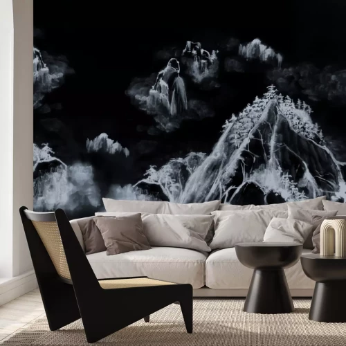 Papier peint  Paysage dessiné de montagnes et d'arbres