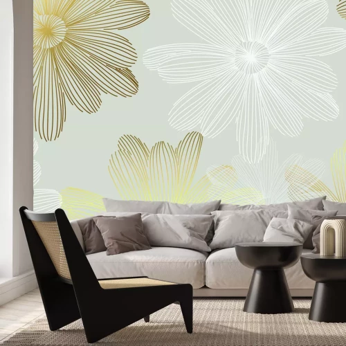 Papier peint  Croquis blanc et doré de marguerites