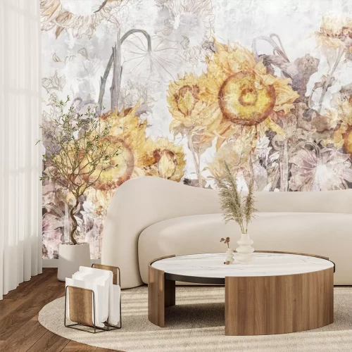 Papier peint  Motif botanique avec des tournesols jaunes